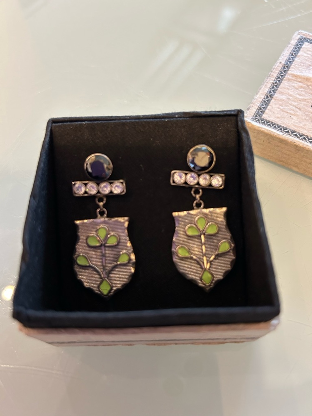 Vintage-Inspired Green Enamel Shield Drop Earrings